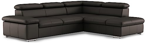 CAVADORE Leder-Schlafsofa Valerie mit Ottomane / Eckcouch mit Schlaffunktion + Kopfteilverstellung / 272 x 73 x 226 / Echtleder Dunkelbraun