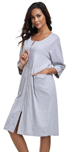COLORFULLEAF Damen Bademantel mit Reißverschluss Leicht Morgenmantel 100% Baumwolle Hausmantel 3/4 Ärmel Nachthemd mit Taschen(Grau,L)