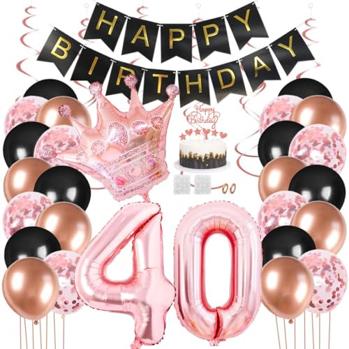 Juland 40. Geburtstag Deko Männer Frauen Schwarz Rose Gold Geburtstagsdeko Mädchen Junge Happy Birthday Banner 40 Jahre Geburtstag Nummer Folienballons Krone Konfetti Luftballons Tortenaufsatz