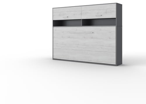 Schrankbett horizontal mit praktischen Aufsatz, Invento LED 90H mit Lattenrost aus Holz, Wandklappbett 90x200 modern concept und design