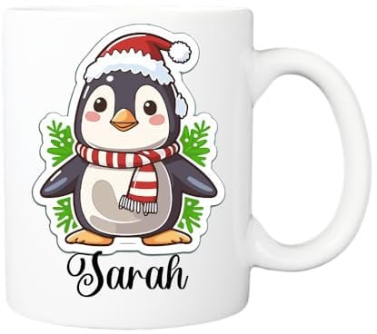 Pickhut Personalised Penguin 11oz White Ceramic Christmas Name hot Chocolate Mug, Christmas Movie Cup, Secret Santa, Stocking Filler for Christmas, Birthday, Xmas eve Box
