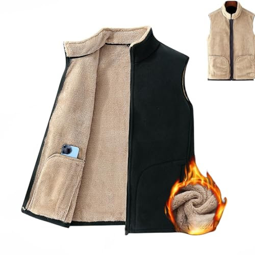 Tseonmis Herren-Weste aus Lammwolle, warme Fleece-Weste für Herbst und Winter, ärmellose Fleece-Weste mit Stehkragen und Reißverschluss (Black,L)