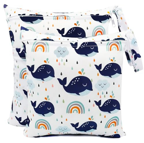 Darryy Nasstasche Kindergarten, Wetbag Kindergarten 2er Set, Wäschebeutel Kita Wasserdicht, Nassbeutel Waschbar, Windeltasche Nasstasche, Wetbag Stoffwindeln, Nasstaschen Wiederverwendbar, Wal