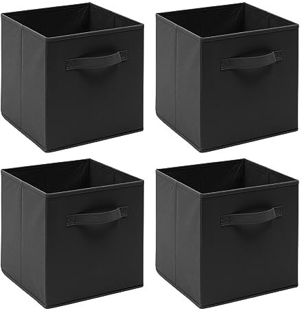 Homullel Foldable Storage Cube Boxes Set of 4, Storage Unit Box with Handle/Eyelet, Collapsible Storage Bins Organiser for Shelf Closet Organization (With Handle, Black)
