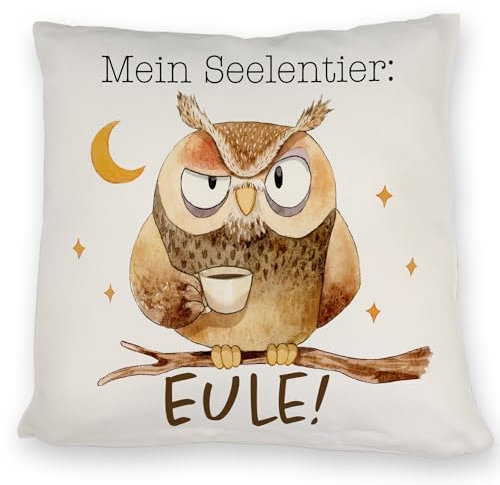 Eule Kissen mit Spruch Mein Seelentier Eule Lieblingstier Uhu Nachteule LieblingsKissen Spirit Animal für den Nachtmensch Mann