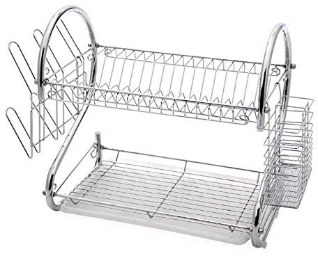 Rejilla para Platos Rejilla para secar Platos de 2 Niveles Escurridor de Platos Rejilla para Platos cromada Incluye Soporte para Utensilios Tabla de Drenaje Rejilla para secar Vasos y Platos