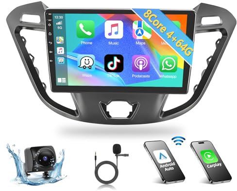 Podofo Autoradio für Ford Transit Custom Tourneo 2013-2018 mit Carplay Android Auto 4+64G 9 Zoll 8 Kerne Android Auto Radio mit IPS Bildschirm, Bluetooth 5.0, WLAN, GPS, RDS + Mikrofon