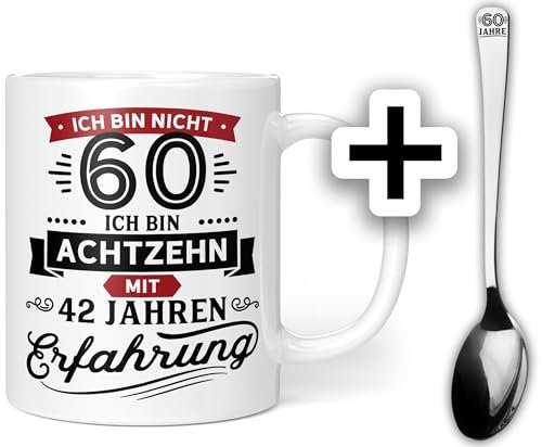 Geburtstag Geschenk 60 Tasse mit Löffel | Geschenk zum 60. Geburtstag | Ich Bin Nicht 60 | Geburtstag 60 Geschenkideen Scherzartikel Lustig Keramik 330ml (Zum 60. Geburtstag + Löffel)