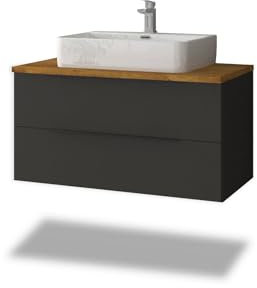 Stil.Zeit Badmöbel Thor inkl. Aufsatz Waschbecken, Waschtisch mit Unterschrank, 96cm, Korpus: Anthrazit, Front: Anthrazit, Ablage: Eiche, Metallgriffe, hängend/Wandmontage