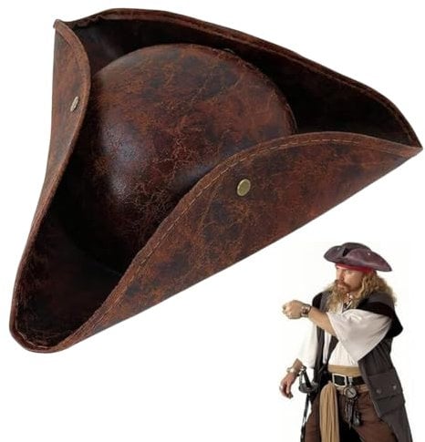 XGOPTS Pirate Hat for Men Women, Classic Brown Leather Distressed Colonial Style Tricorn Hat Fancy Dress Colonial Medieval Headwear Accessory for Pirate Theme Party Halloween Cosplay Festival
