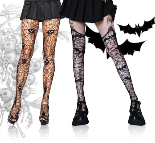 Lithyc 2 Stück Skelett-Strumpfhose Damen-Halloween-Netz-Strumpfhosen-Cosplay-Netzstrumpfhose-Skeletts für Partys oder den Alltag