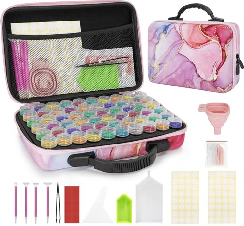 TORIBIO 60 Stück 5D Diamond Painting Zubehör Boxen, Rosa | Diamant Painting Aufbewahrungsbox mit Stiften Trichter Stickers, Diamant Painting Zubehör Organizer für DIY Kunsthandwerk