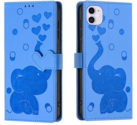 Wuhaizher for iPhone 11 Case Elephant Love Heart Shockproof Leather Flip Wallet Phone Case for Kids Girls with Card Holder Stand Magnetic Protect Cover for iPhone 11, Blue