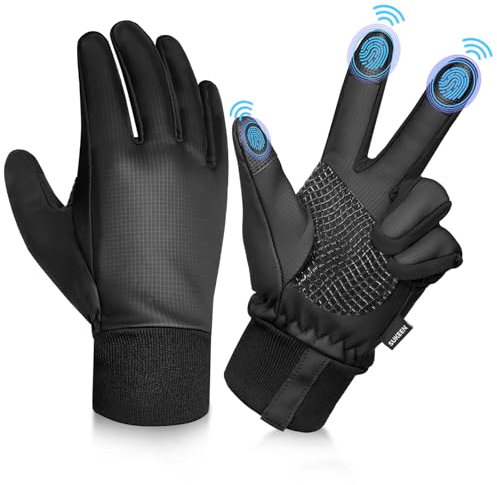 Sukeen Handschuhe Kinder Fahrrad, Softshell Warme Winterhandschuhe Wasserdicht Anti-Rutsch Winddicht Touch Screen Outdoor Sport Laufhandschuhe Schwarz 4-12 Jahre