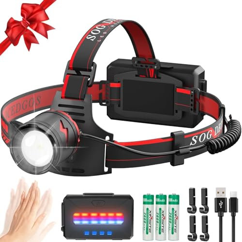 Sogdeco Stirnlampe Led Wiederaufladbar, Superhell 3000 Lumen Kopflampe Stirnlampe mit Sensor, 11 Lichtmodi mit 7800mAh Akku, 90° Einstellbar Stirnlampe für Camping, Angeln, Joggen