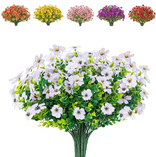 AIOR 10 Piezas Flores Artificiales de Seda Flor Falsas en Interiores y Exteriores, Arbustos Resistentes a Los Rayos UV Plantas para Colgar, para Casa Jardín Ventana Boda Decoración (Blanco)