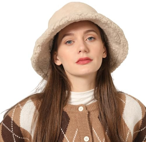 TAGVO Damen Plüsch Fischerhut Winter Warme Anglerhut Flauschige Bucket Hat Reversibel Wintermütze