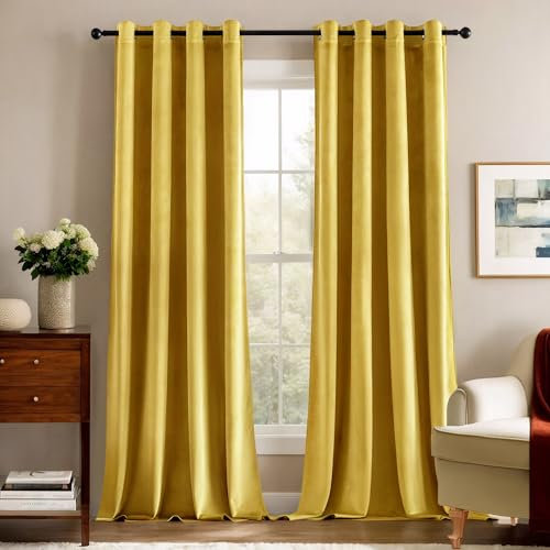 Deconovo Blickdichter Vorhang Samt Gardinen Schlafzimmer Gardine Blickdichte Vorhänge Wohnzimmer Verdunklungsvorhänge Wärmeisolierend, 180x140 cm(HöhexBreite), Gänsegelb, 2er Set
