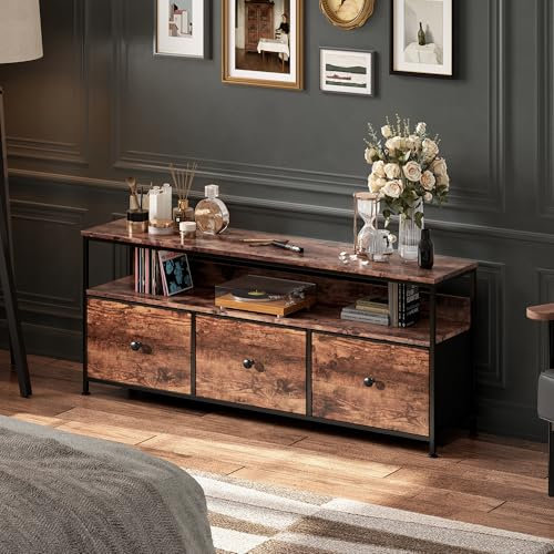 Mueble TV de 137 cm, mueble de TV industrial con 3 cajones, mesa TV, salón, muebles, tele LED, madera, banco de TV, tela, cajones, marco de acero, mueble de almacenamiento industrial dormitorio (3