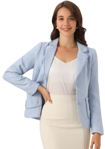 Allegra K Veste en Tweed à Carreaux Femme avec Bouton à Revers Cranté Blazer Élégant à Manches Longues Bleu XL