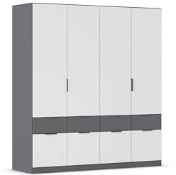Rauch Möbel Dundee, Kleiderschrank, Schrank, Garderobe, Organizer, 4-türig, 8 Schubladen, Farbe Weiß/Grau metallic, Schwarz, Kurze Griffleiste Grau metallic, 181x197x54cm