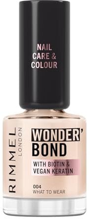 Rimmel Wonder'Bond Care + Colour Nail Polish, 004 What To Wear, Restores & Strengthens Nails, Infused with Biotin & Vegan Keratin, Chip-Resistant, Glossy Finish, Buildable, 12ml