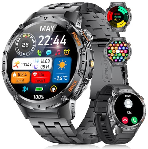 HIRREO Montre Connectée Homme pour Android iOS avec Appel Bluetooth 1,43 AMOLED Rond Smartwatch Homme Noir Acier 530 mAh Batterie,Lampe de Poche LED,Santé Moniteur,100+ Sport,Podomètre