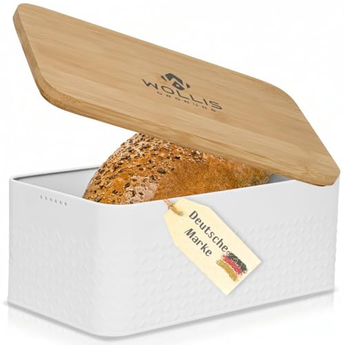 Generisch WOLLIS ORDNUNG Brotkasten I Brotbox aus Metall mit Leinenbeutel I hochwertiger stabiler Bambusdeckel verwendbar als Schneidebrett I 33x19x13cm (Weiss)