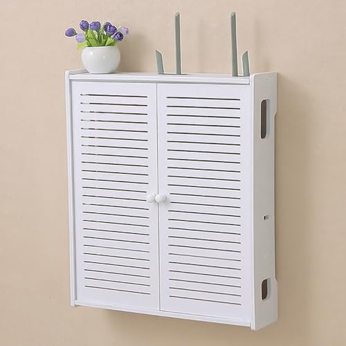 Wall Mounted WiFi Storage Box Hider,Router Shelter Box,Modem Cable Router Cover,Double-Deck Shelf,PVC Breathable Grid Organizer for Modem,for Home Office Use(45x10.5x52cm/17.7x4.1x20.5in)