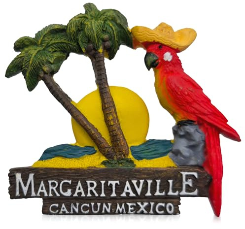 Margaritaville Cancun Mexico 3D Fridge Magnet – Souvenir Collectible with Parrot in Cowboy Hat, Coconut Tree, Sunset, Beach & Sea – Travel Gift (7.3×7.4×1.5 cm)