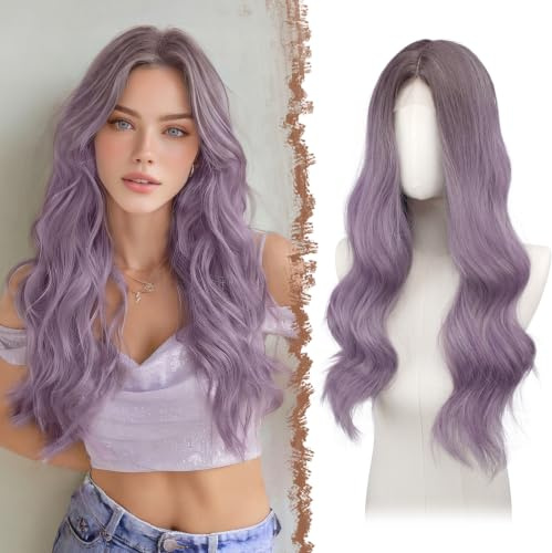 FESHFEN Perücke Ombre Lila für Damen Synthetik Lace Front Gewellt Perücken | 60 cm Lange Wellig Bunte Haarperücke Kunsthaar Natürlich Hitzebeständig Wig für Täglich Karneval Cosplay Party