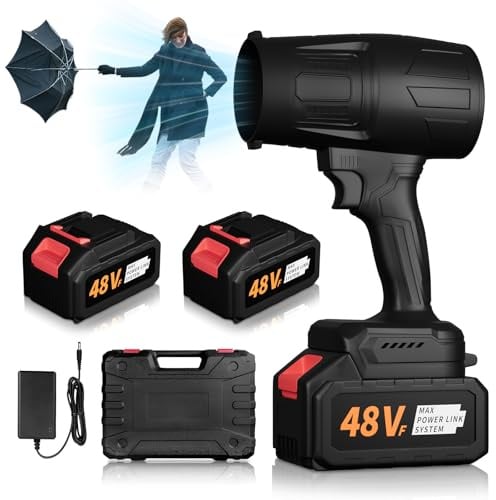 Laubbläser Akku Turbo Gebläse – 500.000 U/min / 1200 g Power Blower mit 2 x 48 V wiederaufladbaren Akkus – Tragbares Akku Gebläse zum zum Entfernen von Laub, Staub & Schnee