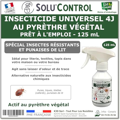 Solu’Control Insecticide Universel 4J au Pyrèthre Végétal – Prêt à l’Emploi 125 mL – Spécial Punaises de Lit & Insectes Résistants – Sans PBO – Fabriqué en France