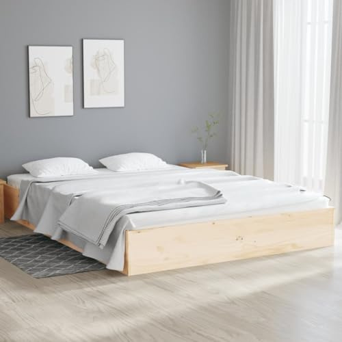 Kaloriko Massivholzbett Kiefer 135x190 cm, Stabiler Bettrahmen aus unbehandeltem Holz, Rustikale Optik, Robuste Sperrholzlatten für Doppelbett, Schlafzimmer Möbel