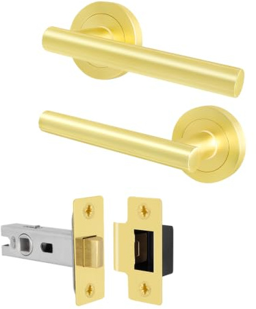 EAI Satin Brass Door Handles with Latch, 1 Pack - Oliena | Complete Latch Kit with 1 Pair of T-Bar Door Handles, 64mm Latch, Fixings Included