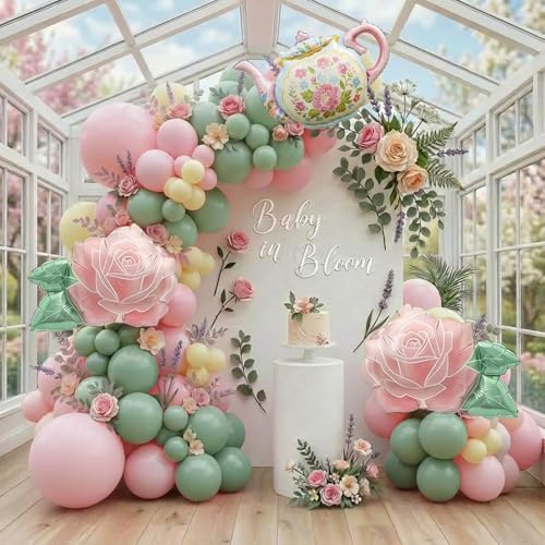 Spirng Balloon Garland Arch Kit Pastel pink green yellow balloons With Teapot flowers balloons for Happy Easter Alice in Wonderland Spring outdoor Tea Party 1st Birthday Baby in Bloom decorations