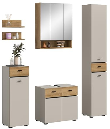 xonox.home – Badkombination Aqua 154x191x35 cm in Kaschmir Melamin – 5-teiliges Set inkl. Wandregal, Spiegelschrank, Stand-, Waschbecken- & Hochschrank – Komplett-Set für EIN harmonisches Badezimmer