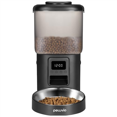 Peluvio Crispy Futterautomat Katze mit Timer, ohne App | Katzenfutterautomat für Trockenfutter, LCD Display, Edelstahl Napf, 2 Feuchtigkeitsabsorber, 4 Mahlzeiten, 10 Portionen, 4,5