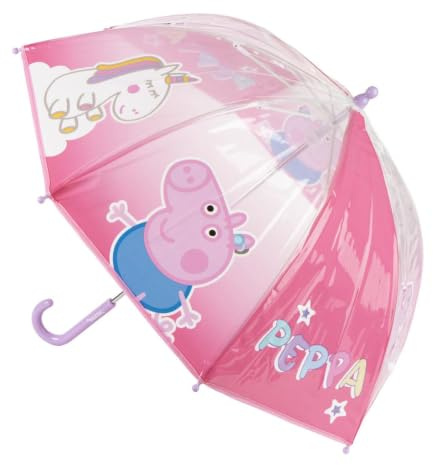 Regenschirm für Kinder, Peppa Wutz, transparent, Hellrosa, 45 cm, mit manueller Öffnung, hochfeste Fiberglasstäbe, gebogener Griff, offizielles Lizenzprodukt, ideal für Schule und Regen