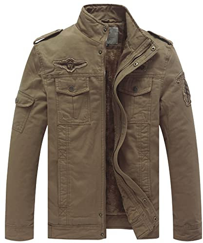 WenVen Giacca in Cotone Stile Militare Giubbotto Spesso Antivento Jacket Outdoor Casual Giacca Pesante a Vento Uomo Cachi L
