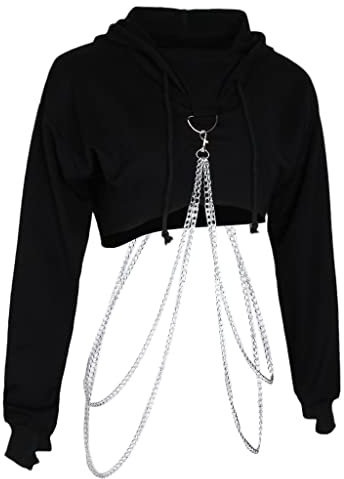 freneci Damen Hoodie Crop Top Langarmshirt Pullover Sweatshirt mit Kette bauchfreies Oberteil - Schwarz, M