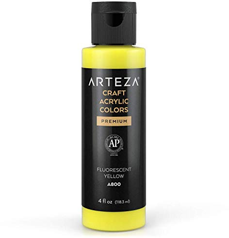 Peinture acrylique artisanale Arteza, A800 Jaune fluorescent, bouteilles de 118 ml, à base d'eau, mélangeable, peintures acryliques mates pour des projets d'art et de bricolage sur toute surface