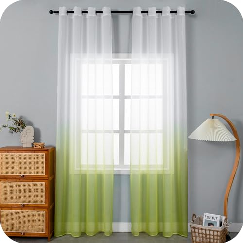 GIRASOLE HOME Coppia Tende Voile Semi Trasparenti Colore Sfumato Bianco e Verde Tenda per Soggiorno Camera Cameretta Cucina e Interni 2 Pannelli con Occhielli 140x275cm