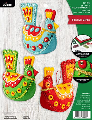 Bucilla Filzapplikation Weihnachtsschmuck Kit, festliche Vögel Set mit 3 Filzapplikationen Ornament Making Kit, Urlaub Bastelbedarf für DIY Nadelspitze Kunst und Handwerk, 89449E