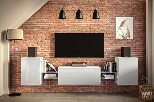 Furnitech Wohnwand Wohnzimmer | Wohnzimmer Möbel mit LED Blau | Hängend Wohnwand Modern | Wohnzimmer Schrankwand mit Regale und TV Schrank (AN93-21W-HG2-1B)