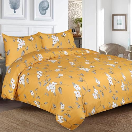 YORKSHIRE BEDDING Duvet Cover Sets - Reversible Printed Bed Covers Double Bed Hypoallergenic Microfiber Bedding Sets Ultra Soft Quilt Cover Duvet Set with 2 Pillowcases 200x200 cm, Ochre Flower