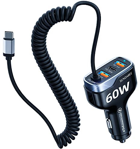 SUNDAREE KFZ Ladegerät USB C,60W 4 Port 12V 24V Auto Handyladegeräte PD Typ C Schnellladen 1.8M Spiral Ladekabel Zigarettenanzünder Adapter für iPhone 15/Samsung A54 S23/ Google Pixel 7/Redmi Note 12
