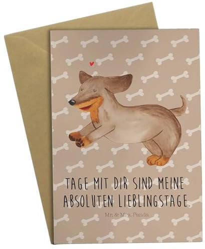 Mr. & Mrs. Panda Glückwunschkarte Hund Dackel - Geschenk, Braun, weihnachtskarten, einladungskarten, osterkarten, Beileidskarte, hochzeitskarten, Fröhlich, Herz, Sprüche