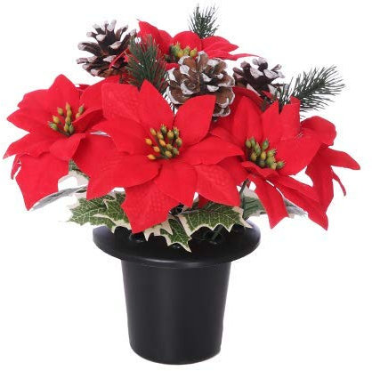 Christmas Grave Flowers | Xmas Poinsettia | Grave Pot Cemetery Vase | Grave Flower Pot | Artificial Flowers For Graves | Suitable For Indoor & Outdoor Use | (Poinsettia Cone & Holly)