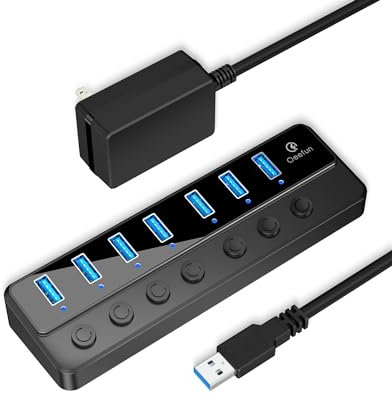 Qeefun - Concentrador USB 3.0 con 7 puertos USB, 12 V/2 A, 24 W, adaptador de alimentación USB, divisor de extensión y conmutadores de alimentación LED individuales, compatible con mini PC, ordenador
